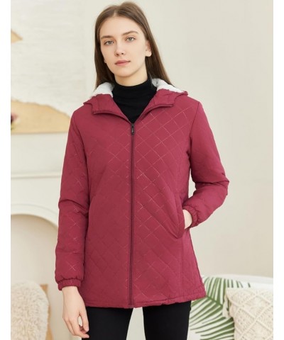 Womens Winter Outdoor Two-Pocket Fleece Hooded Long Warm Zipper Jacket Wine-red $18.04 Jackets