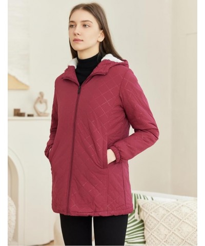 Womens Winter Outdoor Two-Pocket Fleece Hooded Long Warm Zipper Jacket Wine-red $18.04 Jackets