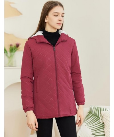 Womens Winter Outdoor Two-Pocket Fleece Hooded Long Warm Zipper Jacket Wine-red $18.04 Jackets