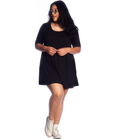 Elbow Sleeve Trapeze Dress, Hits Mid Thigh with Three Quarter Sleeves Black $14.85 Dresses