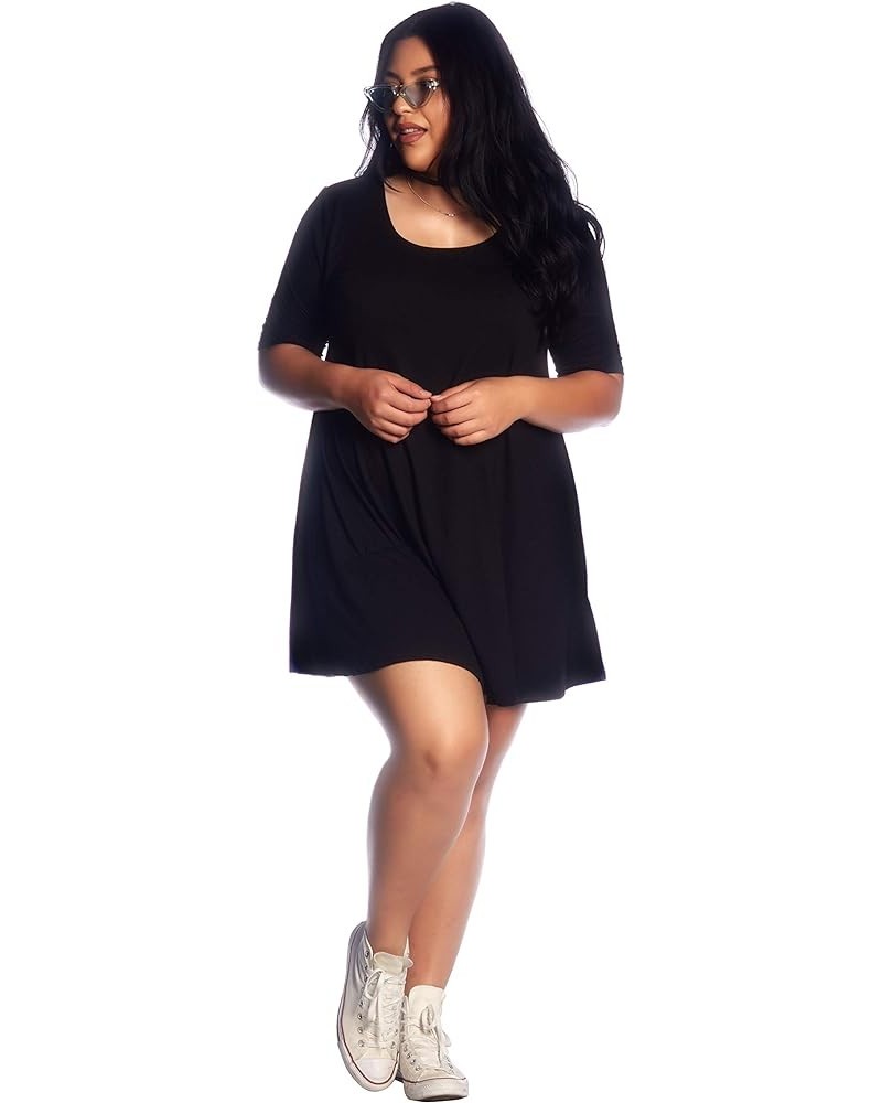 Elbow Sleeve Trapeze Dress, Hits Mid Thigh with Three Quarter Sleeves Black $14.85 Dresses