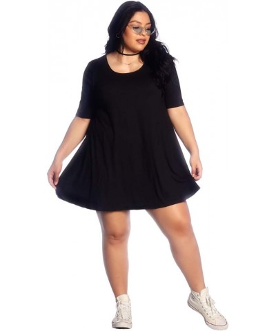 Elbow Sleeve Trapeze Dress, Hits Mid Thigh with Three Quarter Sleeves Black $14.85 Dresses