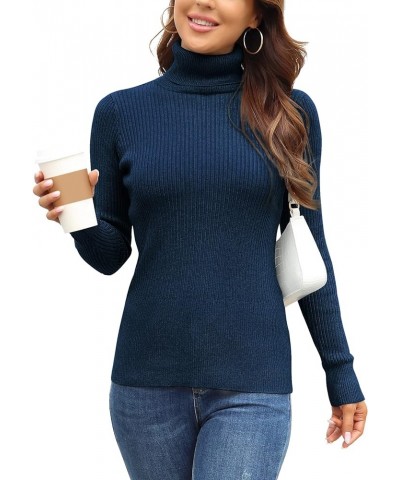 Women's Ribbed Turtleneck Sweater Long Sleeve Knitted Solid Pullover Dark Blue $18.47 Sweaters