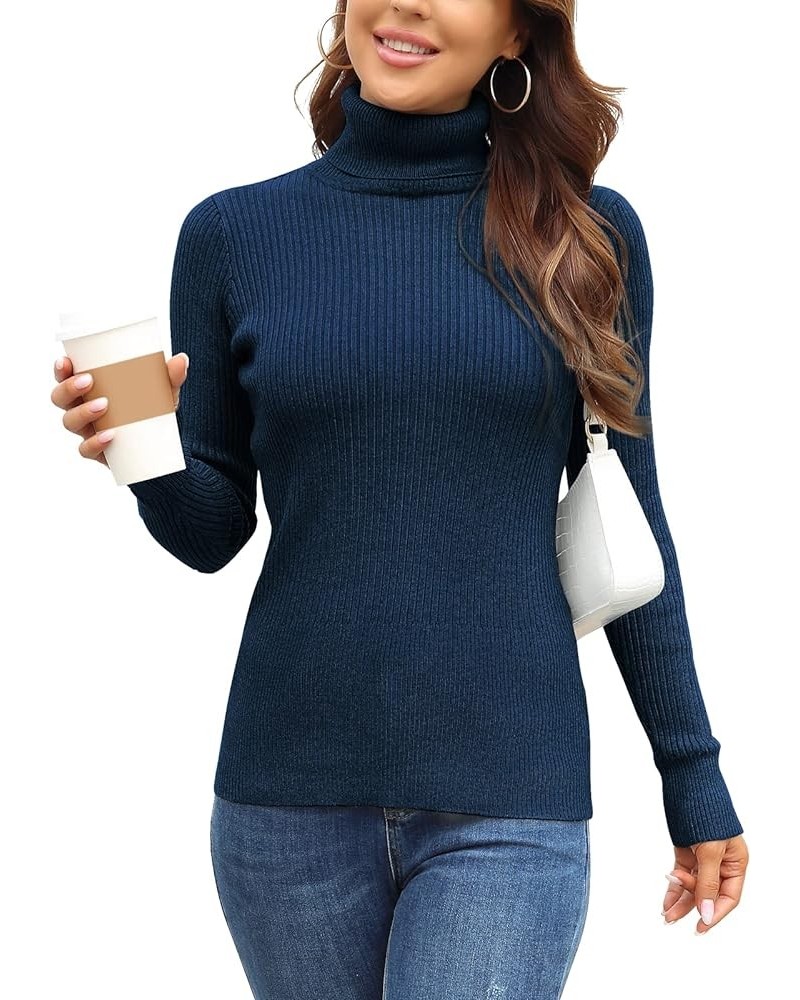 Women's Ribbed Turtleneck Sweater Long Sleeve Knitted Solid Pullover Dark Blue $18.47 Sweaters