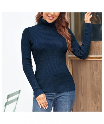 Women's Ribbed Turtleneck Sweater Long Sleeve Knitted Solid Pullover Dark Blue $18.47 Sweaters