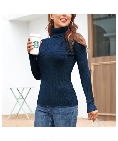 Women's Ribbed Turtleneck Sweater Long Sleeve Knitted Solid Pullover Dark Blue $18.47 Sweaters