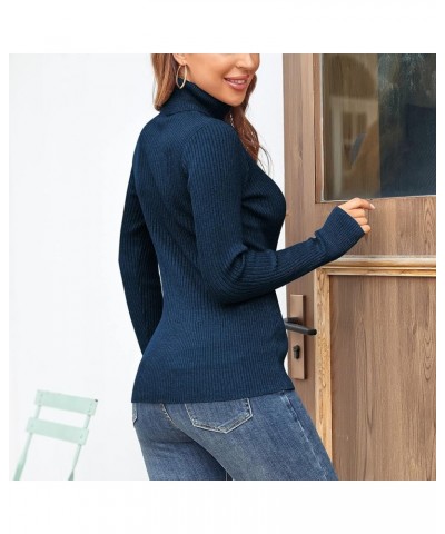 Women's Ribbed Turtleneck Sweater Long Sleeve Knitted Solid Pullover Dark Blue $18.47 Sweaters