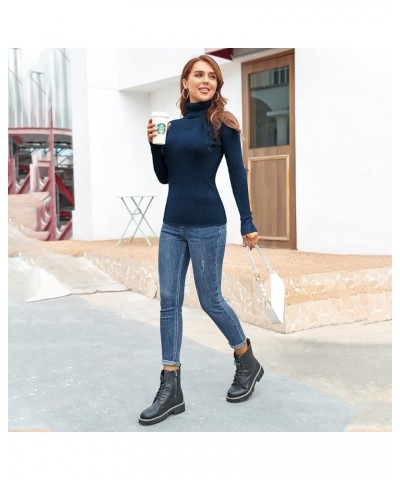 Women's Ribbed Turtleneck Sweater Long Sleeve Knitted Solid Pullover Dark Blue $18.47 Sweaters