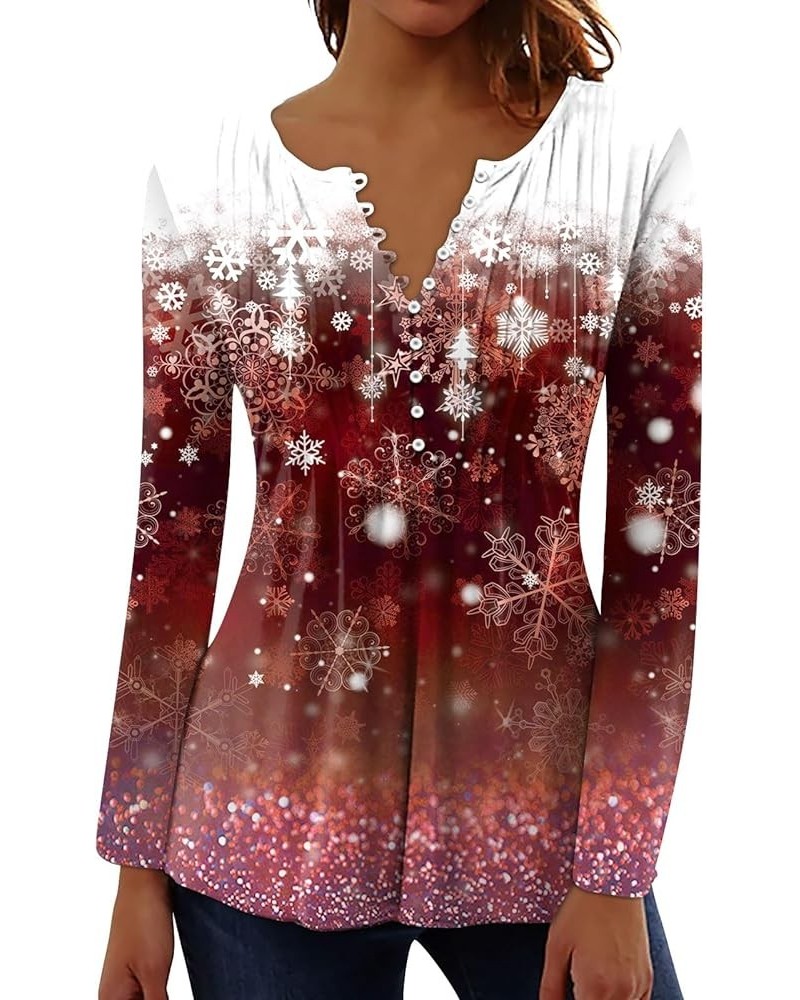 Shirts for Women,Women's Casual Christmas Print Henley V-Neck Button Long Sleeve T Shirt Dressy Xmas Swing Blouse 4-wine $5.9...