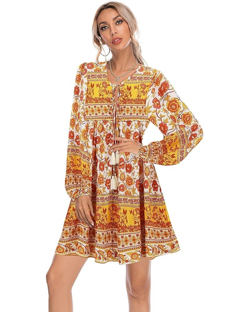 Womens Long Sleeve Floral Casual Print Cotton Mini Tunic Dress Orange Yellow $18.35 Dresses