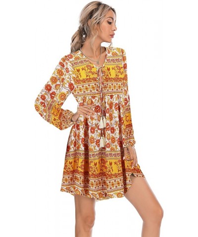 Womens Long Sleeve Floral Casual Print Cotton Mini Tunic Dress Orange Yellow $18.35 Dresses