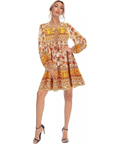 Womens Long Sleeve Floral Casual Print Cotton Mini Tunic Dress Orange Yellow $18.35 Dresses