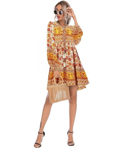 Womens Long Sleeve Floral Casual Print Cotton Mini Tunic Dress Orange Yellow $18.35 Dresses