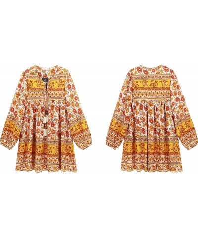 Womens Long Sleeve Floral Casual Print Cotton Mini Tunic Dress Orange Yellow $18.35 Dresses