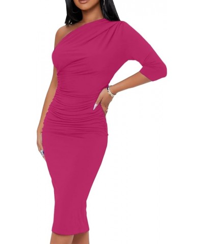 Womens Bodycon One Shoulder 3/4 Sleeve Cocktail Party Ruched Midi Dress 10929 Rosered $19.23 Dresses