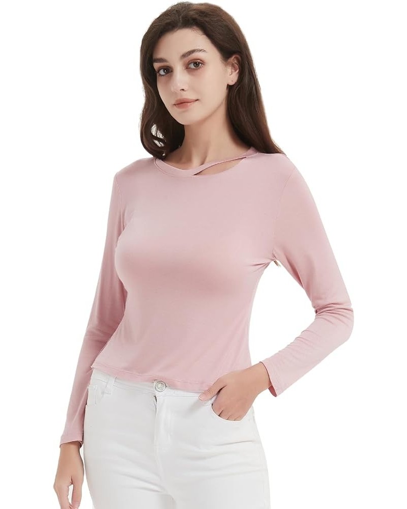 Womens Long Sleeve Tops Cut Out Neck Blouse Tops Solid Ladies Crew Neck Pullover T-Shirts Slim Fit Comfort Top Shirt Pink $8....