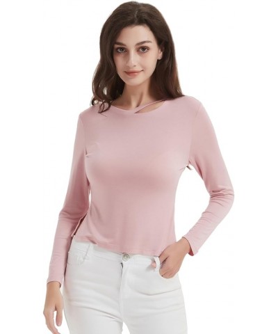 Womens Long Sleeve Tops Cut Out Neck Blouse Tops Solid Ladies Crew Neck Pullover T-Shirts Slim Fit Comfort Top Shirt Pink $8....