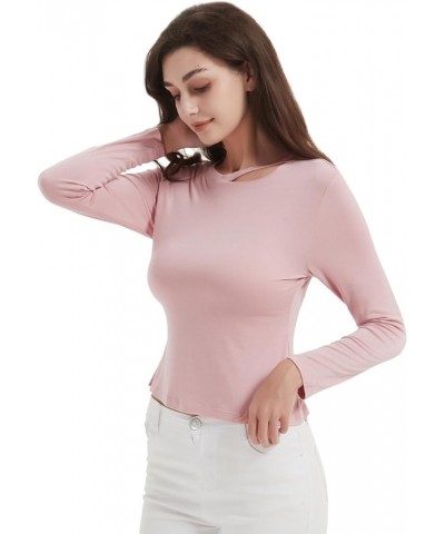 Womens Long Sleeve Tops Cut Out Neck Blouse Tops Solid Ladies Crew Neck Pullover T-Shirts Slim Fit Comfort Top Shirt Pink $8....