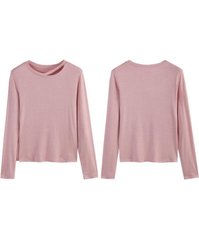 Womens Long Sleeve Tops Cut Out Neck Blouse Tops Solid Ladies Crew Neck Pullover T-Shirts Slim Fit Comfort Top Shirt Pink $8....