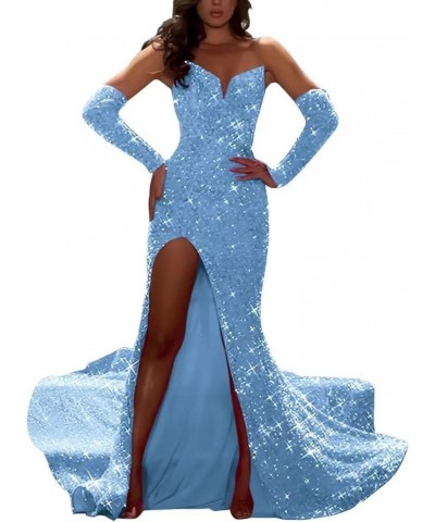 Sequin Mermaid Evening Dresses with Sleeves Detachable Sparkly Prom Dresses with Slit Homecoming Dresses Long Blue $36.08 Dre...