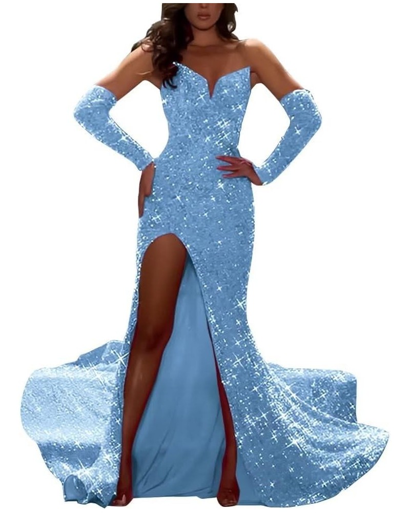 Sequin Mermaid Evening Dresses with Sleeves Detachable Sparkly Prom Dresses with Slit Homecoming Dresses Long Blue $36.08 Dre...