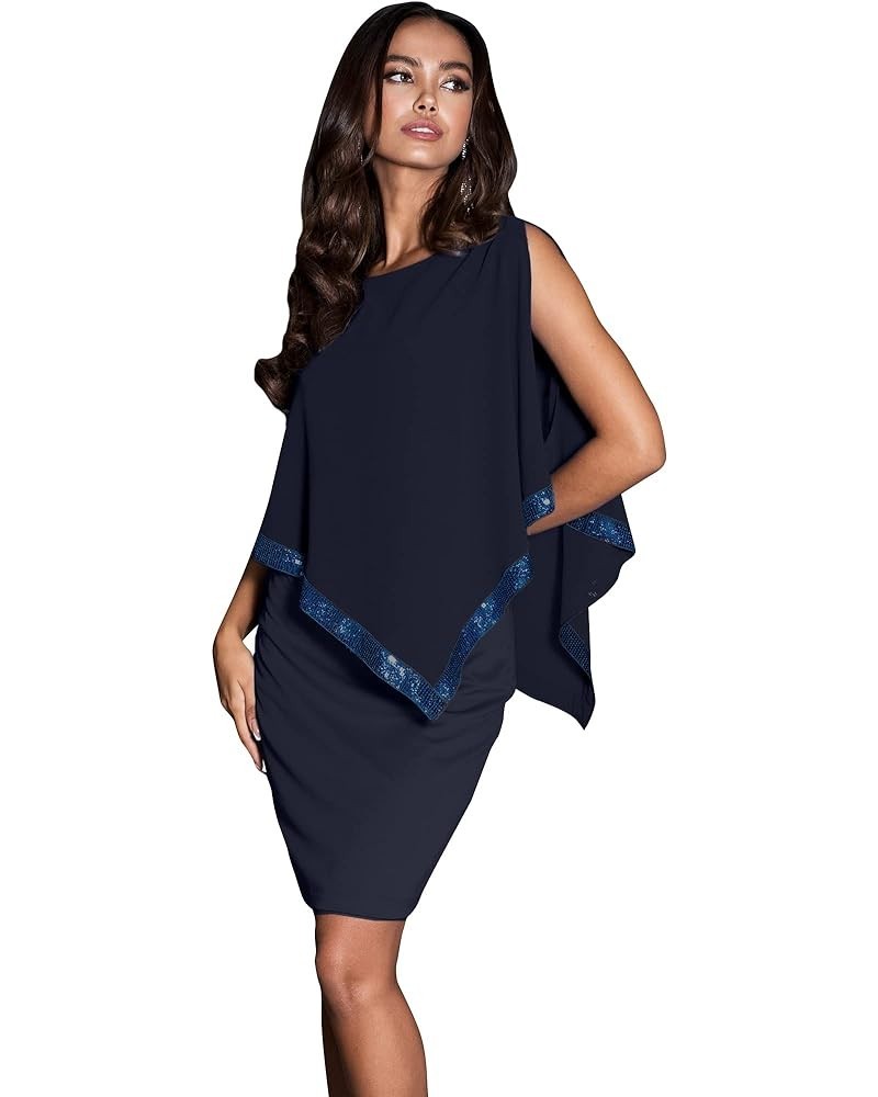 Women's Dressy Cocktail Cape Classy Modest Bridesmaid Mini Midi Dress Dark Navy Blue $23.34 Dresses