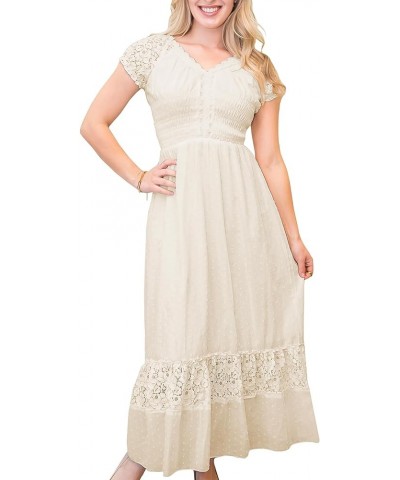 Renaissance Peasant Maiden Boho Inspired Cap Sleeve Lace Trim Dress Beige $20.64 Dresses