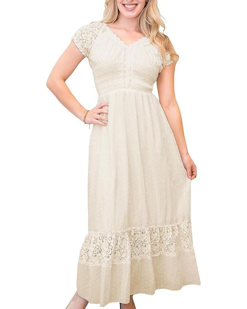 Renaissance Peasant Maiden Boho Inspired Cap Sleeve Lace Trim Dress Beige $20.64 Dresses