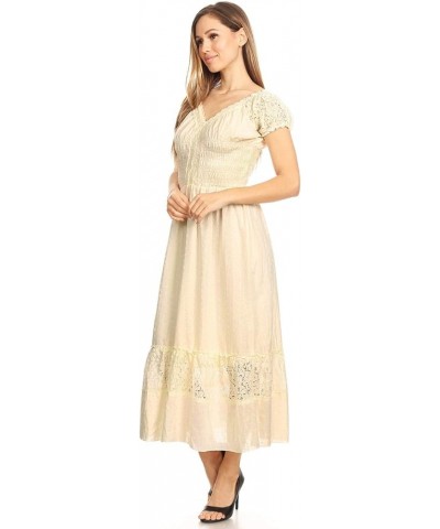 Renaissance Peasant Maiden Boho Inspired Cap Sleeve Lace Trim Dress Beige $20.64 Dresses