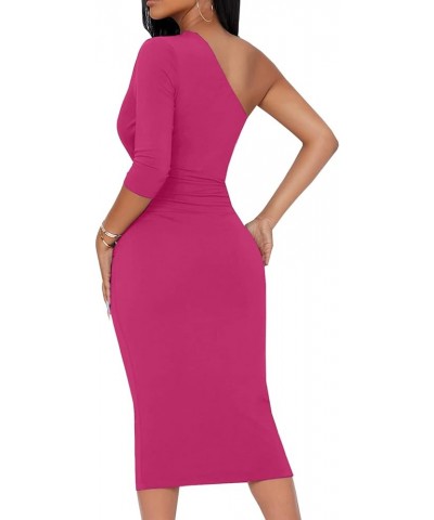 Womens Bodycon One Shoulder 3/4 Sleeve Cocktail Party Ruched Midi Dress 10929 Rosered $19.23 Dresses