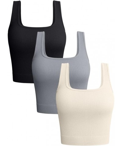 Women's 3 Piece Tank Tops Ribbed Seamless Workout Exercise Shirts Yoga Crop Tops Black Grey Beige $14.00 Activewear