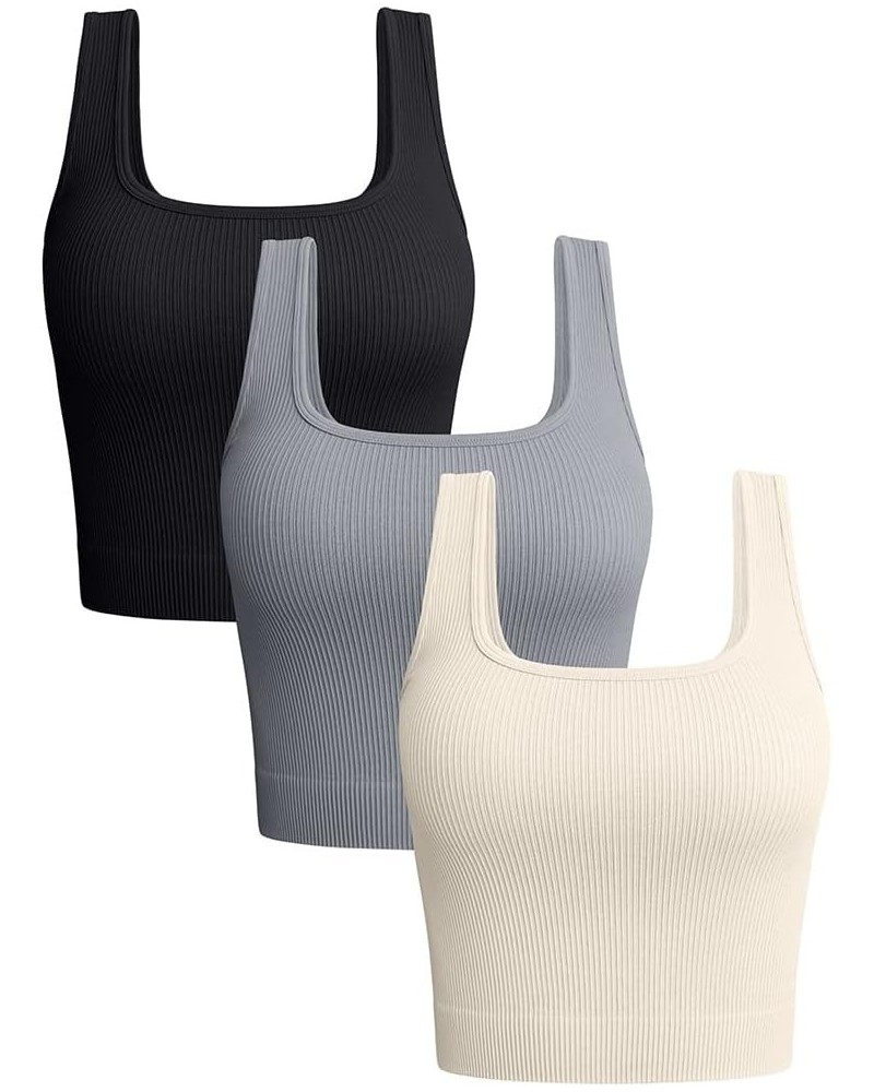 Women's 3 Piece Tank Tops Ribbed Seamless Workout Exercise Shirts Yoga Crop Tops Black Grey Beige $14.00 Activewear