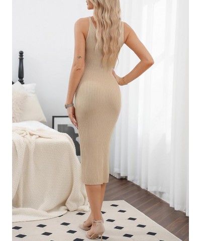 Womens 2024 Summer V Neck Knit Midi Dress Sleeveless Ribbed Sexy Bodycon Club Sweater Dress Apricot $17.48 Dresses