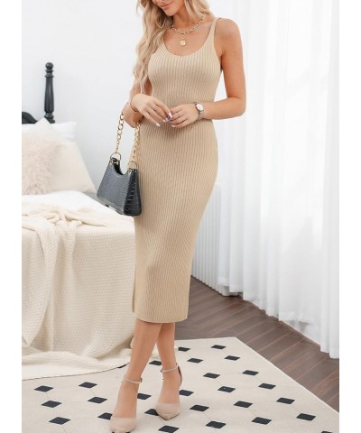 Womens 2024 Summer V Neck Knit Midi Dress Sleeveless Ribbed Sexy Bodycon Club Sweater Dress Apricot $17.48 Dresses