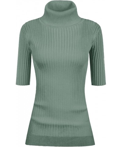 Women Turtleneck 1/2 Half Sleeve Highly Stretchy Ribbed Knit Fitted Sweater Blue Haze $14.80 Sweaters