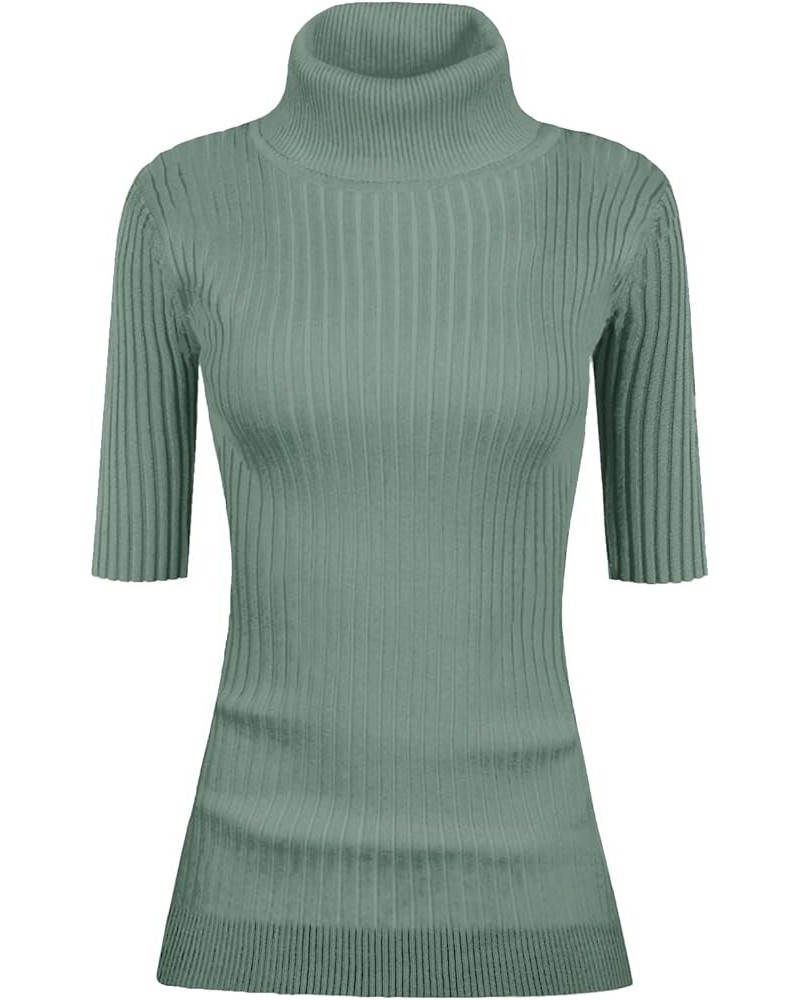 Women Turtleneck 1/2 Half Sleeve Highly Stretchy Ribbed Knit Fitted Sweater Blue Haze $14.80 Sweaters