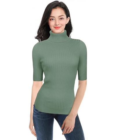 Women Turtleneck 1/2 Half Sleeve Highly Stretchy Ribbed Knit Fitted Sweater Blue Haze $14.80 Sweaters