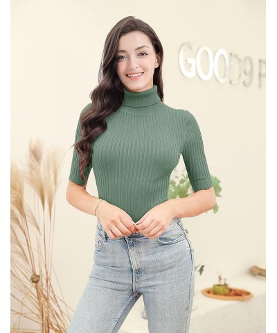 Women Turtleneck 1/2 Half Sleeve Highly Stretchy Ribbed Knit Fitted Sweater Blue Haze $14.80 Sweaters