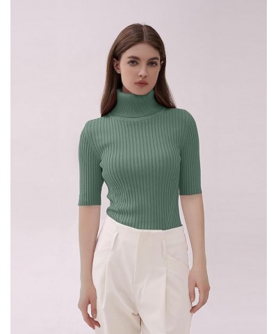 Women Turtleneck 1/2 Half Sleeve Highly Stretchy Ribbed Knit Fitted Sweater Blue Haze $14.80 Sweaters