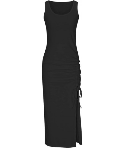 Women's Summer Dresses 2024 Sleeveless High Waist Solid and Printed Ribbed Drawstring Ruched Sexy High Slit Dresses A01 Black...