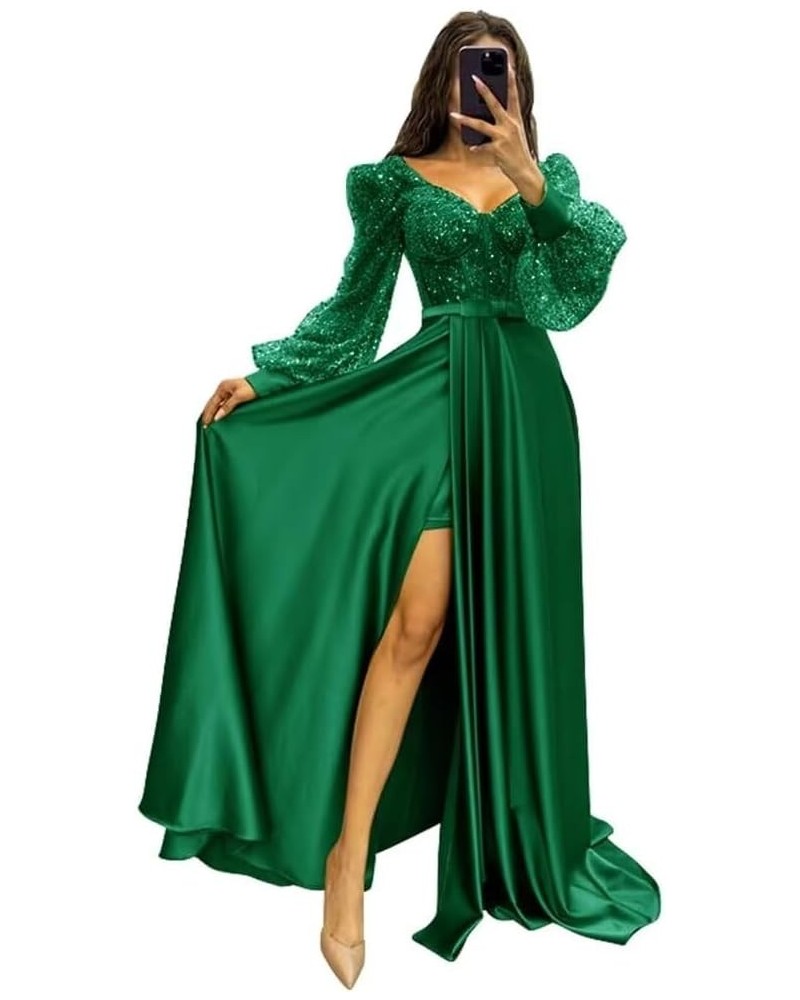 Long Sleeve Sequin Prom Dresses with Slit Satin Pleated Formal Evening Party Gowns with Belt Emerald Green $37.26 Dresses