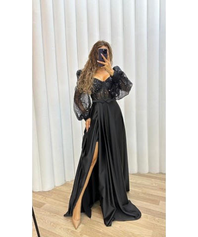 Long Sleeve Sequin Prom Dresses with Slit Satin Pleated Formal Evening Party Gowns with Belt Emerald Green $37.26 Dresses