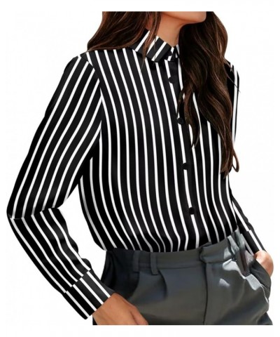 Work Shirts for Women Dressy Fitted Long Sleeve Button Down Collared Office Blouses B03 - Black White Stripe $13.24 Blouses