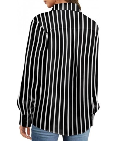 Work Shirts for Women Dressy Fitted Long Sleeve Button Down Collared Office Blouses B03 - Black White Stripe $13.24 Blouses