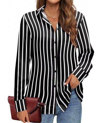 Work Shirts for Women Dressy Fitted Long Sleeve Button Down Collared Office Blouses B03 - Black White Stripe $13.24 Blouses