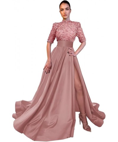 Mock Turtle Neck Prom Dresses Half Sleeve Formal Gowns Sequins Satin Evening Dress A-Line Ball Gown Slit JS0005 Dusty Pink $4...