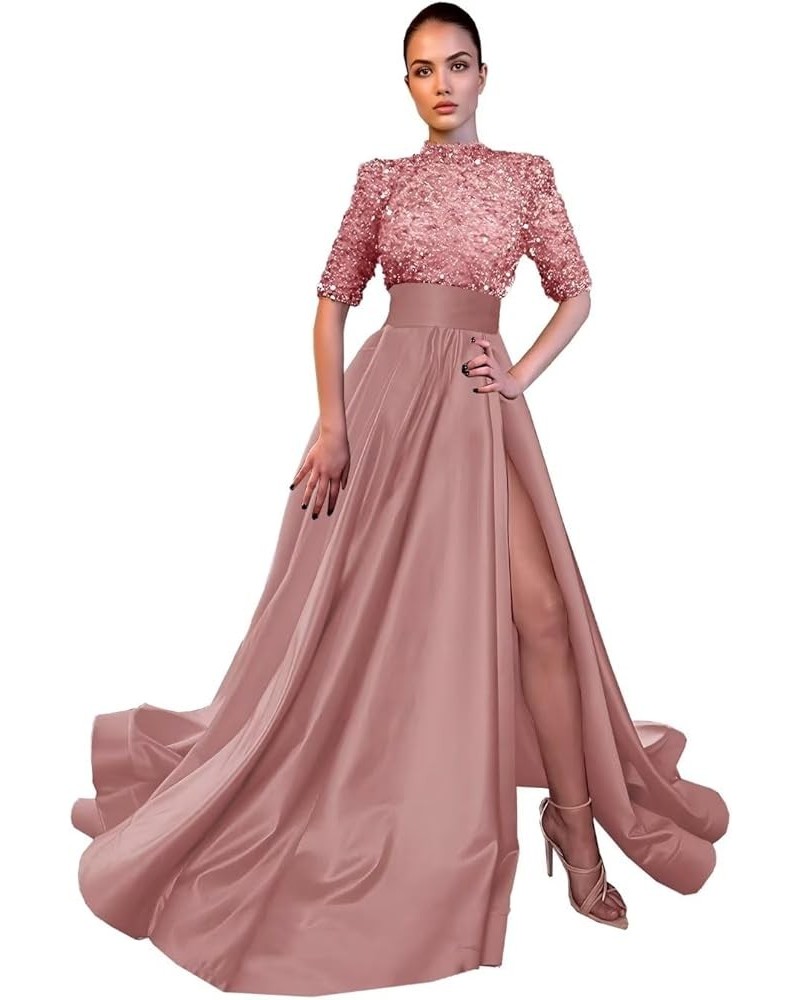 Mock Turtle Neck Prom Dresses Half Sleeve Formal Gowns Sequins Satin Evening Dress A-Line Ball Gown Slit JS0005 Dusty Pink $4...