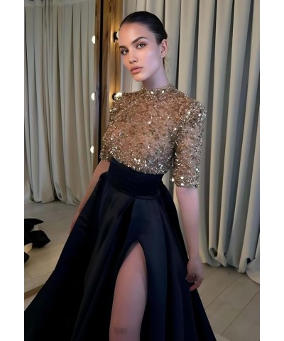 Mock Turtle Neck Prom Dresses Half Sleeve Formal Gowns Sequins Satin Evening Dress A-Line Ball Gown Slit JS0005 Dusty Pink $4...