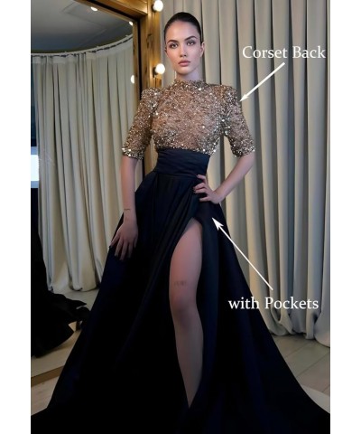 Mock Turtle Neck Prom Dresses Half Sleeve Formal Gowns Sequins Satin Evening Dress A-Line Ball Gown Slit JS0005 Dusty Pink $4...