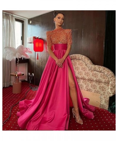 Mock Turtle Neck Prom Dresses Half Sleeve Formal Gowns Sequins Satin Evening Dress A-Line Ball Gown Slit JS0005 Dusty Pink $4...